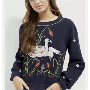 Anthropologie Swan Lake Sweater Womens Size L Navy Embroidered Bead Puff Sleeve